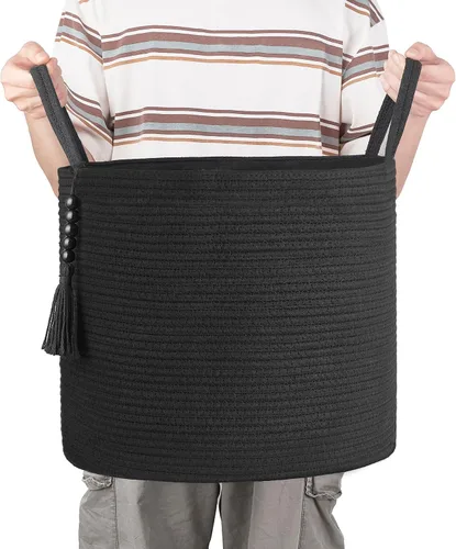 Vista 5 de Mkono - Canasta de almacenamiento tejida, canasta decorativa de cuerda natural con cuentas de madera para mantas, juguetes, ropa, zapatos y plantas