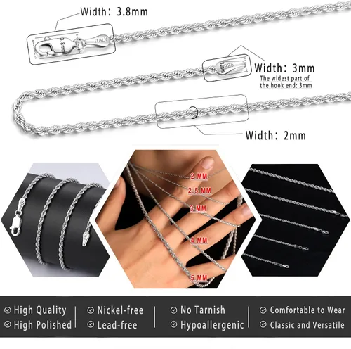 Vista 3 de 925 Sterling Silver Clasp Rope Chain 22.5345mm Necklace for Men Silver Link Chain for Women 16-30 Inches