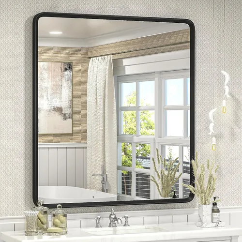 Vista 8 de Espejo rectangular con marco mate negro de 20x30 pulgadas para baño, espejo de tocador para pared de baño con esquinas redondeadas, antióxido y a