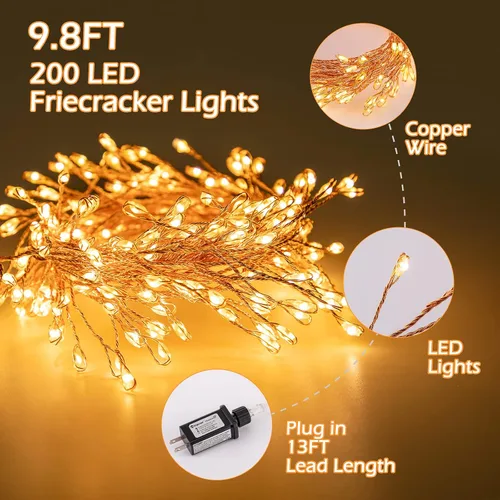Vista 7 de Guirnalda de luces enchufables, 10 pies, 200 luces LED, alambre de cobre, impermeable, luces de petardo estrellado para techo, dormitorio, corona