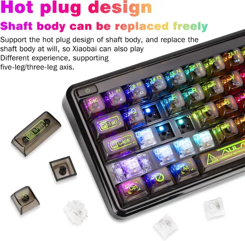 Vista 5 de CHICHEN 60% Portable Mechanical Gaming Keyboard,Hot-swappable RGB Backlit Compact 68 Clear Keycaps,2.4Ghz WirelessBluetoothUSB-C,Transparent Gasket