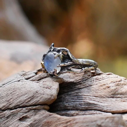 Vista 4 de Anillo de compromiso único con ramita floreciente, arco iris, piedra lunar, para mujer, estilo victoriano, joyería de plata tailandesa (talla 8)