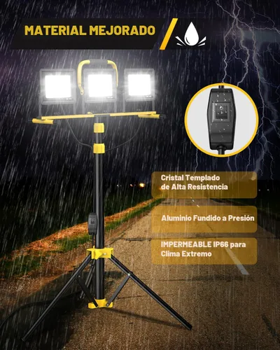 Vista 5 de Luces de trabajo LED mejoradas con soporte, 21000 lúmenes, luz de trabajo ajustable de 3 cabezales, trípode plegable impermeable, cable extendido