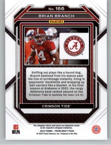Vista 2 de Panini Prizm Draft Picks #166 Brian Branch Alabama Crimson Tide RC Rookie Card Tarjeta oficial de fútbol de la NCAA en estado crudo (NM o mejor)