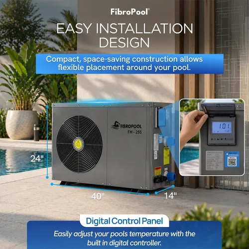 Vista 6 de FibroPool Bomba de calor para piscina, FH255, 55,000 BTU, para piscinas y spas por encima y enterradas, alta eficiencia, calentador eléctrico,