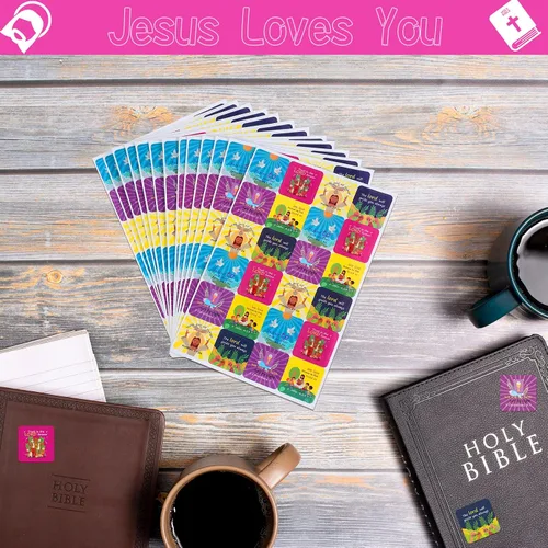 Vista 3 de Junkin 480 calcomanías religiosas con temática de Jesús te ama, calcomanías para niños, calcomanías cristianas, papel autoadhesivo multicolor