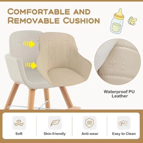 Vista 7 de BABY JOY Trona convertible para bebé, 3 en 1, silla alta de madera/asiento elevador/silla con bandeja extraíble, patas ajustables, arnés de 5 Beige