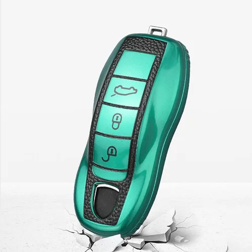 Vista 5 de SANRILY Funda de cuero para llave Porsche Remote Key Case Shell Key Holder con llavero, Verde