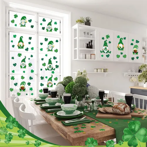 Vista 5 de Glenmal 6 hojas de vinilos para pared del día de San Patricio, pegatinas de pared de trébol y gnomo, pegatinas para ventanas del día de San Patricio