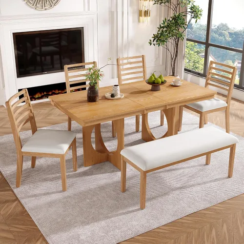 Vista 18 de Juego de mesa retro de comedor de cocina de 7 piezas, mesa extensible de madera maciza de 60 a 78 pulgadas con hojas extraíbles y 6 sillas
