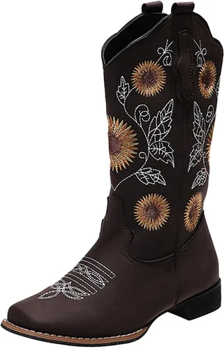 Vista 5 de HINDOLA Botas vaqueras para mujer, botas vaqueras de media pantorrilla, botas occidentales con bordado de girasol, punta cuadrada, tacón bajo, botas