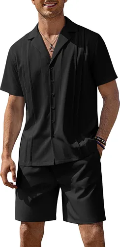 Vista 13 de COOFANDY Conjunto corto de 2 piezas para hombre, camisa con botones Guayabera, casual, trajes de playa de verano Verde militar