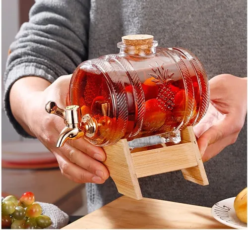 Vista 7 de Dispensador de bebidas de barril de vidrio de 1 litro con espita y soporte Dispensador de bebidas frías Dispensador de barril de vino (plata)