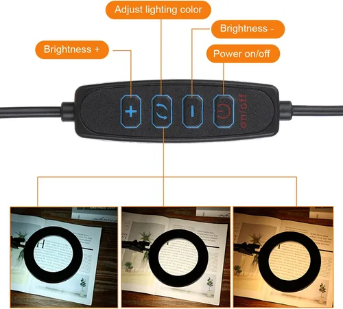 Vista 7 de Lámpara de aumento con abrazadera, 8 lámparas de lupa, 3 colores y 10 brillantes, lámpara LED de lupa ajustable de 19 pulgadas, lámpara de brazo