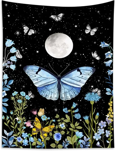 Vista 12 de LB Tapiz pequeño de mariposa colorido para colgar en la pared, diseño psicodélico de flores silvestres 3D, mariposas de fantasía floral, arte