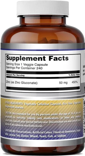 Vista 5 de Amazing Formulas - Gluconato de zinc 50 mg por porción 240 cápsulas vegetarianas Suplemento mineral Sin OMG Sin gluten Fabricado