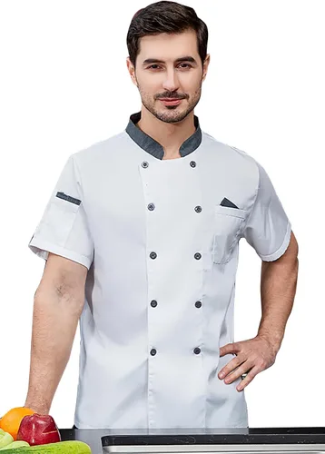 Vista 5 de Chaqueta de chef unisex con doble botonadura trasera, malla completa, ligera, costura de color, uniforme de chef