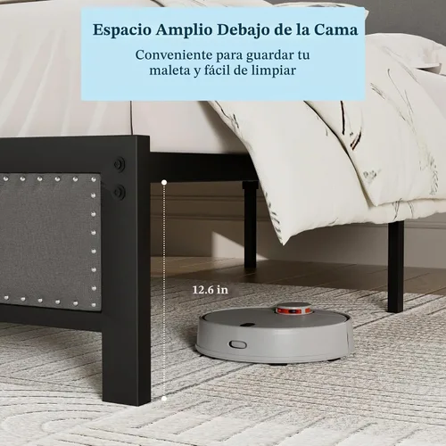 Vista 6 de VECELO Marco de cama tamaño Queen con cabecera tapizada, plataforma resistente con listones de metal fuertes, no necesita somier, fácil montaje