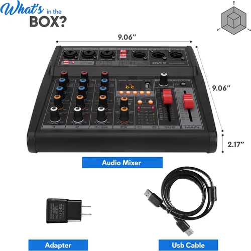 Vista 7 de Pyle Mezclador profesional de audio DJ - Controlador de 3 canales con 16 efectos DSP preestablecidos - Interfaz USB - 3 entradas de micrófono/línea