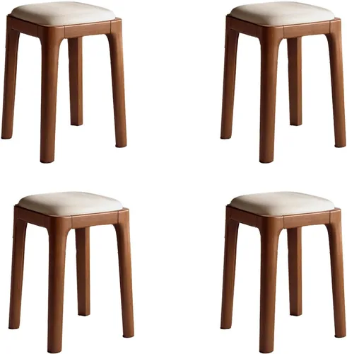 Vista 10 de Sillas de comedor de madera sin respaldo, sillas de cocina apilables, silla de comedor con cojín de piel sintética, silla cuadrada para sala