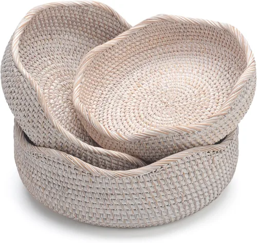Vista 8 de YANGQIHOME Cesta de pan de ratán, cestas de frutas redondas, cuencos de almacenamiento de mimbre, cuencos de cesta de servicio tejida natural