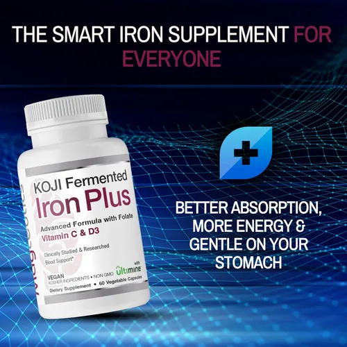 Vista 4 de Koji Fermented Iron Plus - Suplemento de hierro con vitamina C, vitamina D3 y folato para apoyo sanguíneo, fácil de absorber y biodisponible, apto