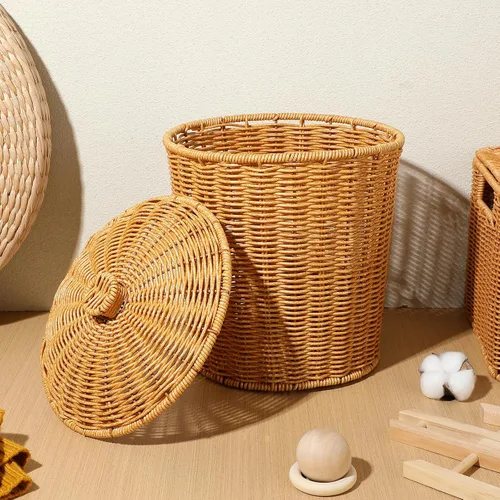 Vista 4 de PRETYZOOM Cesta de lavandería portátil con tapa, papelera tejida de mano, organizador de artículos diversos para dormitorio, baño, almacenamiento