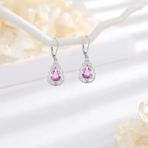 Vista 312 de Aretes colgantes de plata de ley con diseño de árbol de la vida, flor, abeja, animales, gato, colibrí, piedra lunar, turquesa, aretes con cierre
