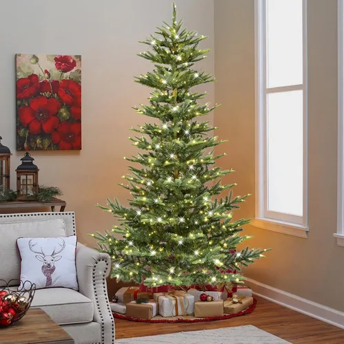 Vista 12 de Liguanow Árbol de Navidad artificial preiluminado de 7 pies con 400 luces LED blancas cálidas, árbol de Navidad delgado realista con bisagras y Azul