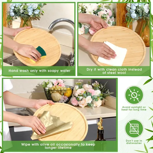 Vista 4 de Meanplan 12 bandejas redondas de bambú a granel para charcutería, bandejas redondas de madera de bambú con borde, plato de verduras de madera pulida