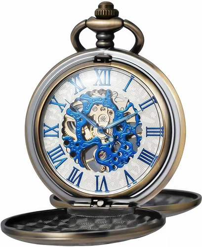 Vista 17 de Relojes mecánicos de bolsillo con números romanos con esfera y cadena para hombre y mujer