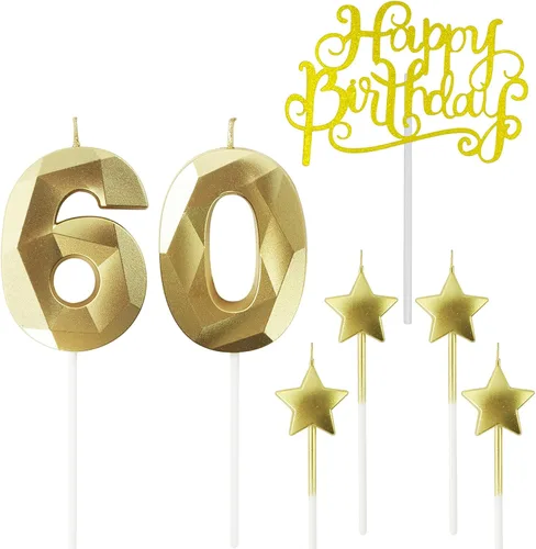 Vista 24 de Velas de cumpleaños doradas con número 20 y velas de estrella de cumpleaños de 7 cm Velas para pastel de cumpleaños en forma de diamante 3D son