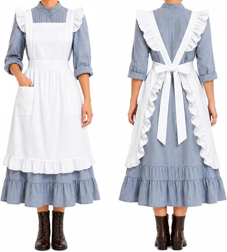Vista 15 de White Maid Half Apron for Women with Pocket, Vintage Ruffled Apron Blanco