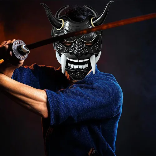 Vista 6 de Máscara japonesa Samurai Hannya Oni, máscaras de látex de cara completa Negro