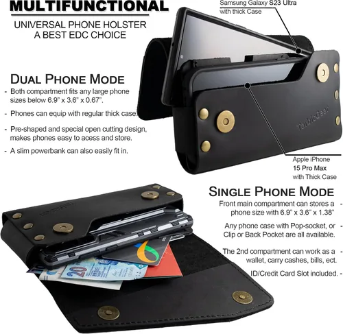Vista 3 de Funda de cuero doble para teléfono para dos teléfonos, funda de teléfono doble para hombre, cinturón con clip para cinturón para iPhone 16 Pro Max