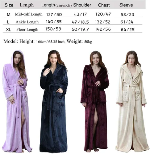 Vista 6 de Hellomamma Bata larga con capucha para mujer, lujosa franela de forro polar, bata de baño de longitud completa, pijama cálida de invierno, camisón