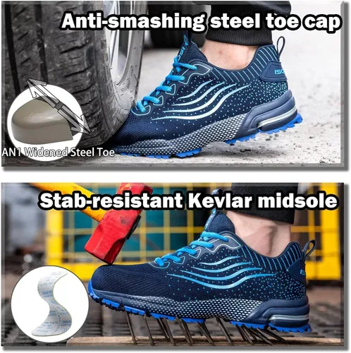 Vista 2 de Zapatos de punta de acero para hombres y mujeres, zapatos de seguridad ligeros, cómodos, con puntera de acero, zapatos de trabajo indestructibles
