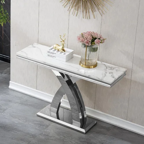 Vista 4 de Mesa de consola de mármol, moderna mesa rectangular de lujo para sofá de entrada de mármol con parte superior de mármol sintético de 0.71 pulgadas