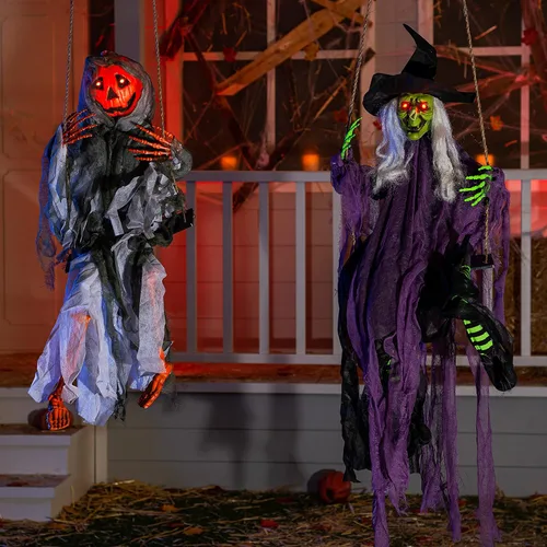 Vista 8 de JOYIN 2 piezas de decoración de fantasmas colgantes de Halloween al aire libre, decoración de Halloween con ojos iluminados, espeluznante esqueleto