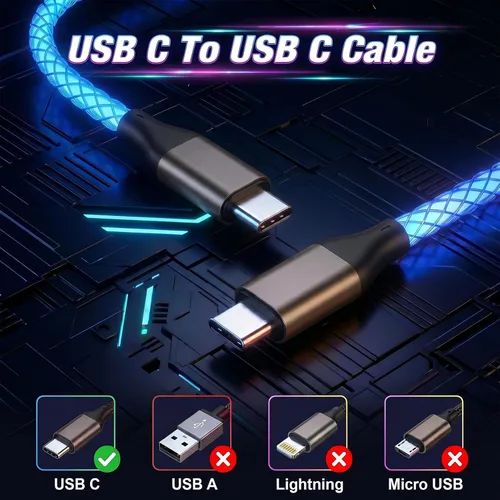 Vista 3 de Cable USB C a USB C, cable de carga rápida que se ilumina siempre encendido Azul