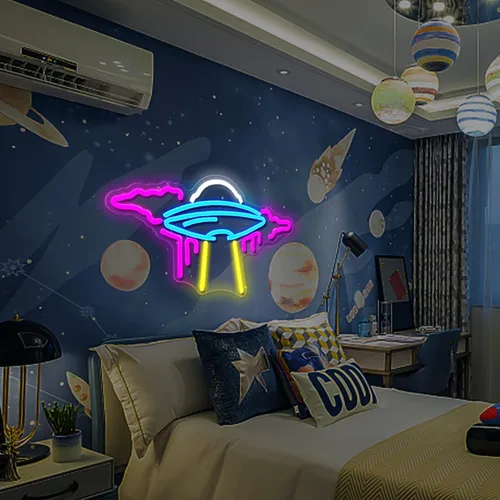 Vista 6 de Letrero de neón OVNI de nave espacial con luces LED de neón regulables para pared, letrero de neón OVNI para dormitorio, niños, espacio