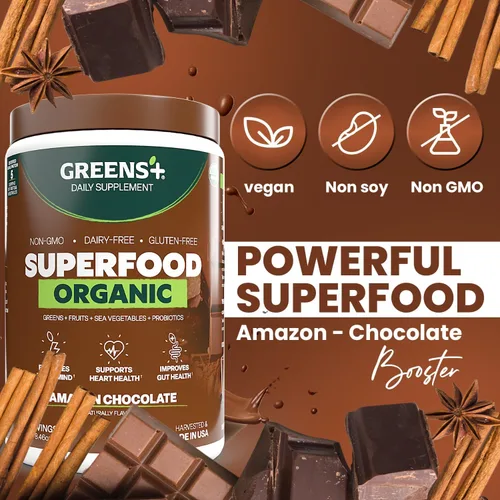 Vista 2 de Green Plus Organics Chocolate amazónico súper alimento Sin OMG Suplemento dietético verde – 8,46 oz Boost Energy, mezcla esencial de alimentos