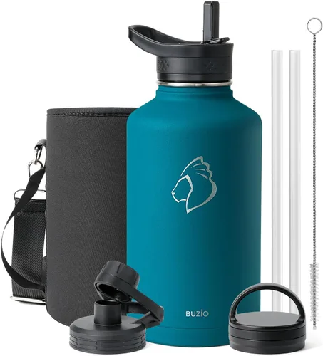 Vista 21 de BUZIO Botella de agua de 32 onzas aislada con popote y 3 tapas y bolsa de transporte, a prueba de fugas, frasco jarra de agua de acero inoxidable