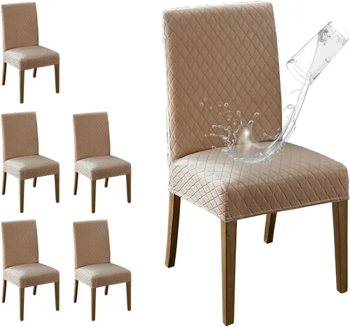 Vista 23 de MOSAYT Juego de 2 fundas para sillas de comedor 100% impermeables, súper ajuste elástico jacquard Parson, fundas extraíbles y lavables para sillas