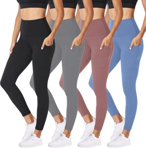Vista 99 de NexiEpoch - Paquete de 4 leggings suaves para mujer, con bolsillos, control de abdomen y cintura alta, pantalones capri para yoga y ejercicio