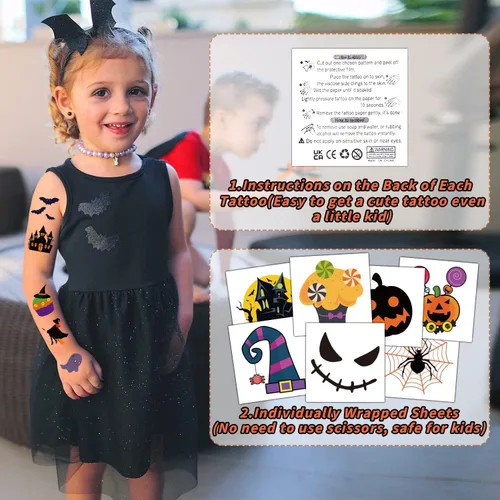Vista 2 de Partywind 204 hojas envueltas individualmente, tatuajes de Halloween para suministros de fiesta de niños, decoraciones de fantasma de calabaza
