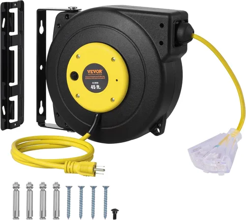 Vista 16 de VEVOR Carrete de cable de extensión retráctil, 30 pies, carrete de cable de alimentación retráctil resistente 16AWG/3C SJTOW con toma triple