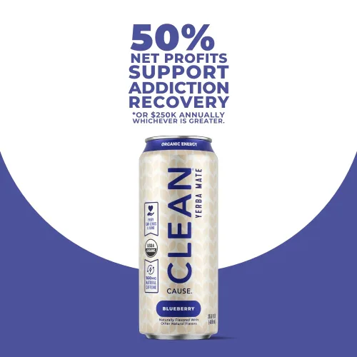 Vista 4 de CLEAN Cause - Té de yerba mate de arándanos no carbonatado, alternativa a bebida energética orgánica del USDA, baja en azúcar, 160 mg de cafeína
