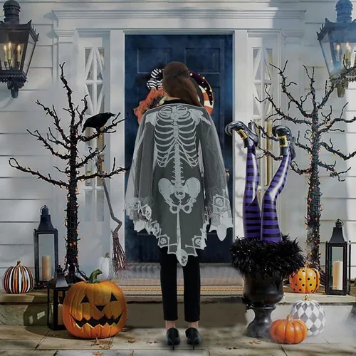 Vista 4 de Disfraz de esqueleto de Halloween para mujer, con capa de esqueleto, incluye máscara de mascarada para Halloween