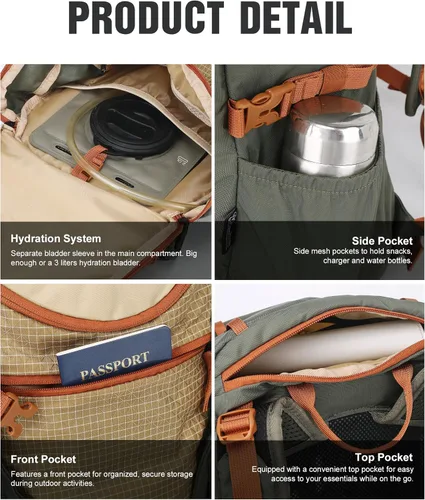 Vista 8 de MOUNTAINTOP Mochila de senderismo de 20L, mochila ligera para exteriores 20l-caqui verde